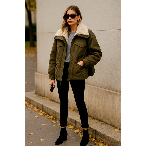 Theory M Oversized Bomber Jacket $750 Removable Fur Lining Cotton Army Green - Picture 1 of 10
